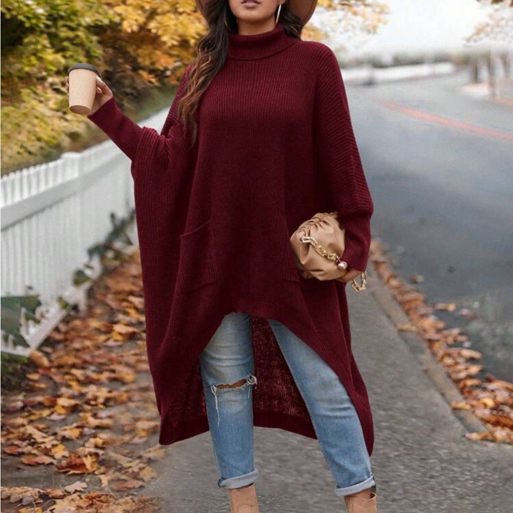 Oversized High Cowl Neck Hi Low Asymmetrical Hem Sweater Dress Burgundy